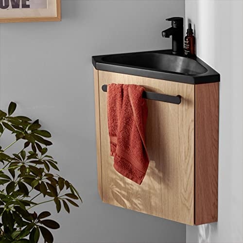 MOB-IN Meuble Lave-Mains SKINO décor chêne avec Vasque Noire + Robinet Noir