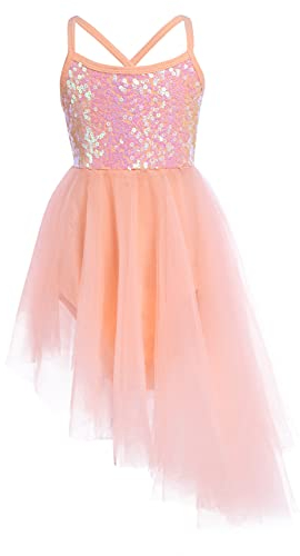 iEFiEL Mädchen Ballettkleid Kinder Glitzer Ballett Trikot Ballettanzug mit Röckchen Tüll Pailletten Kleid Trägerkleid Turnanzug Orange 152-164