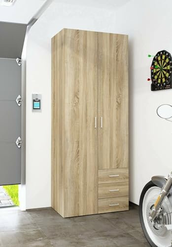 Dmora - Armoire à Deux Portes et Trois tiroirs, Couleur chêne, 77 x 49 x h200 cm