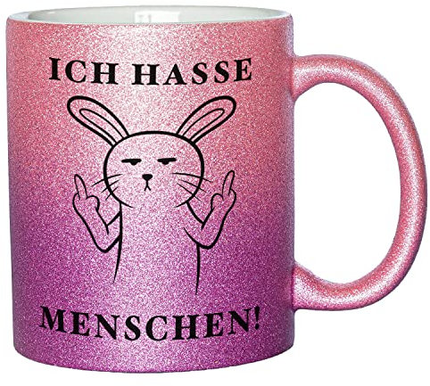 Glitzer Tasse mit Spruch Ich hasse Menschen | Rosa-Lila | Hase | 330ml | doppelseitig bedruckt | Lustige Hasentasse als witzige Geschenkidee zu Weihnachten für beste Freundin oder Kollegin