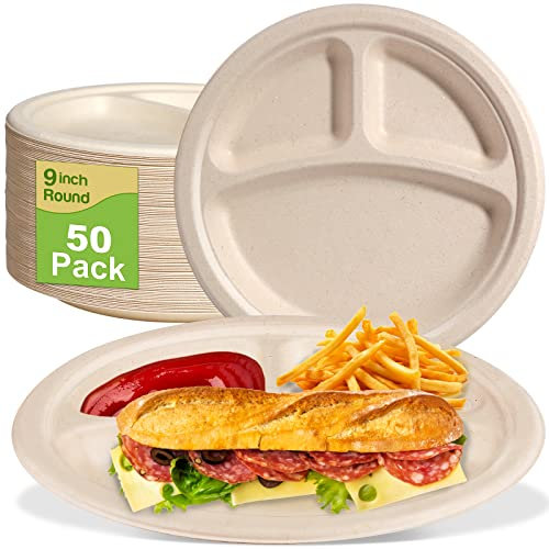 GREENESAGE 9 inch 3 Compartment Paper Plates - 50 Pack, Heavy Duty, Divided, Compostable