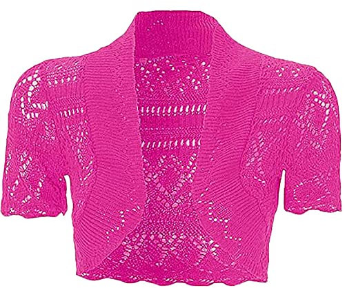 JM CLOTHING K19 Nuovi Bambini Ragazze Manica Corta Cardigan Coprispalle Crochet Maglia Pointelle Bolero Giacca per Abiti, Fucsia, 11-12 Anni