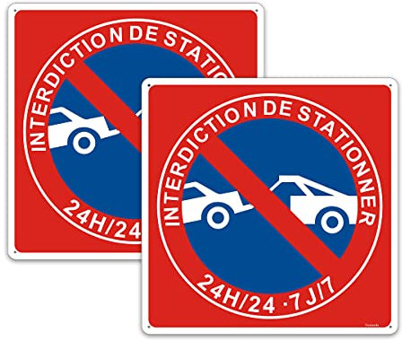 2 Pièces Panneau Interdiction de Stationner 24H/24 7J/7,Panneau de ne pas stationner 200x200mm -Métal en Aluminium de 1 mm-Revêtement réfléchissant et Résistant aux UV