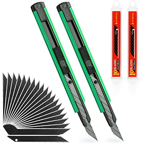 EHDIS 2 Piezas Cúter Profesional con 20 Piezas Cuchillas de Recambio, Cutter de Carcasa de Aluminio, Snap-Off de Cuchillo Gráfico SK5 de 9 mm 30°, Sistema de Bloqueo, para Cortar Papel, Cartón, gris