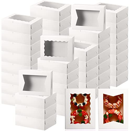 TaoBary 100 Pcs 8 Inch Cookie Boxes, 8 x 6 x 2.5 Inch Bakery Boxes, Pastry Boxes with 2 Style Window for Cookie Treat Boxes for Chocolate Strawberries Cupcakes Candy Muffins(White)