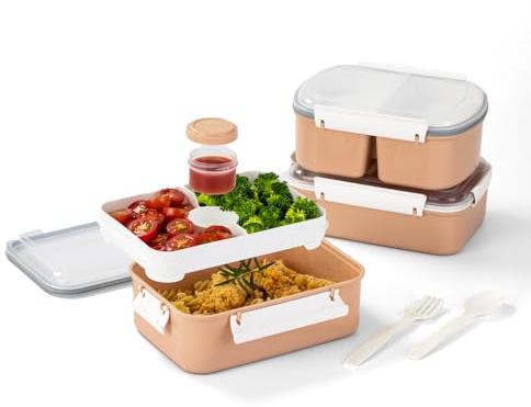 Lille Home Ensalada de 3 paquetes contenedores de almacenamiento de alimentos, 3800 ml de loncheras para almuerzos y ensaladas, con tapas y bandejas extraíbles, horquilla y cuchara (Rosa)