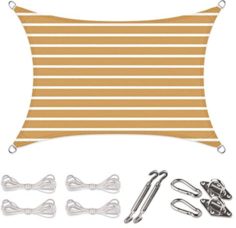 CelinaSun Sonnensegel Set Befestigung V2A Basic HDPE Rechteck 3 x 4 m Streifen sandbeige weiß Sonnenschutz atmungsaktiv