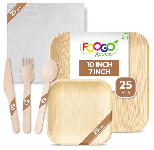 FOOGO Green 150pcs Disposable Palm Leaf Plates Wooden Cutlery Set and White Napkins, FSC® Certified, 25x Large Square, 25x Small Side Plates, 25x Forks, 25x Knives, 25x Spoons, 25x Napkins, Eco