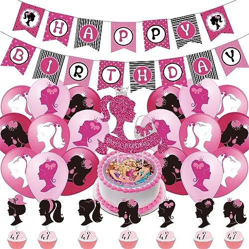 ZOOMPIL Puppe Party Geburtstag Deko Rosa Girl, 44pcs Mädchen Geburtstags Dekorationen, Umfassen Luftballons, Banner, Cake Topper, für Mädchen Geburtstag Party