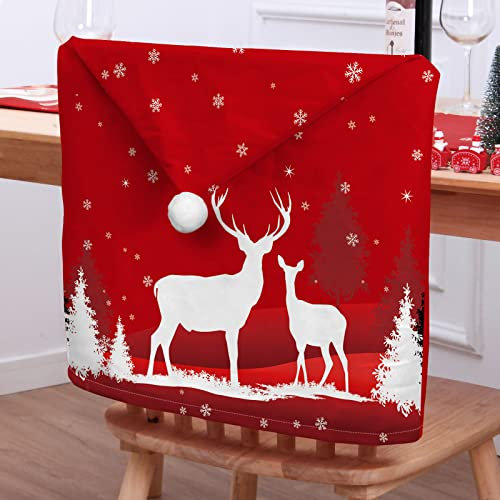 Morbuy Weihnachten Stuhlhussen 2-8er Set Nikolausmütze Esstisch Stühlen Set, Weihnachtsdeko Stuhlhussen Hussen für Esszimmerstühle, Weihnachtsfeier (6er Set,Rot Hirsch)