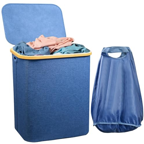 Wäschekorb mit Deckel, 80L Wäschesammler Schmal mit Wäschesack Groß Faltbarer Wäschesortierer Holz Bambus Wäschetruhe Hoch Laundry Baskets