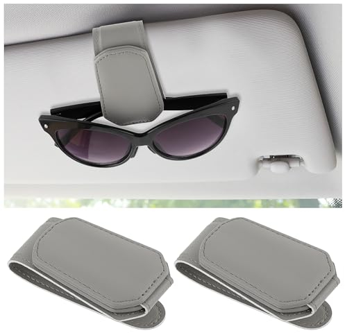 Grevosea 2 Pack Sunglasses Holder for Car, Magnetic Leather Car Sunglasses Holder Clip Car Glasses Holder Eyeglass Hanger Clip for Different Size Eyeglasses Car Sun Visor Accessories (Gray)