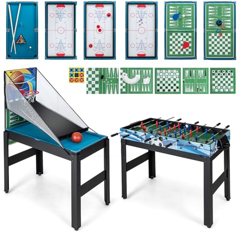 COSTWAY 15 in 1 Spieltisch Set, Tischspiel multifunktional mit Tischfußball Hockey, Billard, Tischtennis, Bowling, Shuffleboard, Schach, Dame & Backgammon, Kombi-Tisch für Kinder Erwachsene