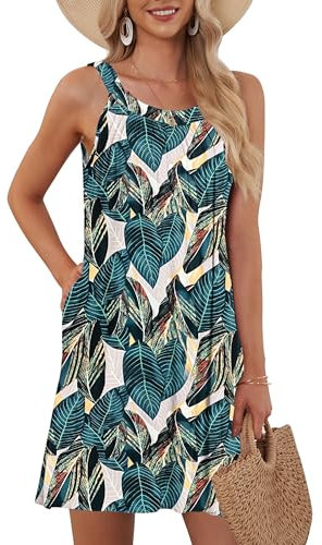 AUSELILY Women's Beach Cover Up Tank Dress Casual Vacation Short Summer Halter Dresses with Pockets Leaf Print M