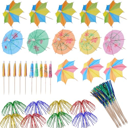 TAIHOBO 160 Stück Cocktail Deko, Cocktail Zubehör mit 40 Cocktail Schirmchen und 120 Cocktailspieße Feuerwerk Sticks, Bunte Cocktailschirmchen für Geburtstags Bars Hochzeit Getränke Obst Party