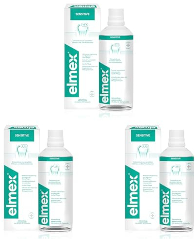 elmex Mundspülung Sensitive 400ml – Mundspülung für Extraschutz vor schmerzempfindlichen Zähnen und Zahnhalskaries – für die tägliche Zahnreinigung ohne Alkohol mit Minzgeschmack (Packung mit 3)