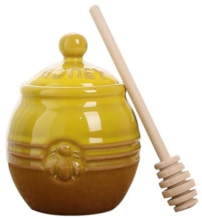 Rurunklee Porcelain Honey Pot, Ceramic Honey Jar with Wood Dipper