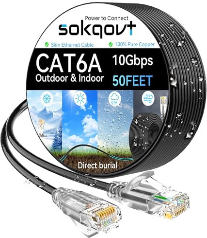 Cat6a Ethernet Cable Slim 50ft Outdoor&Indoor, 28AWG Pure Copper Cat6 Internet Cable for Waterproof & Direct Burial, Flexible Cat6 Ethernet Cable 10G 550MHZ, Cat 6 Network cable for Indoor Black