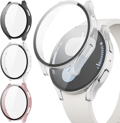 JYQ 3-Stück Schutzhülle mit Displayschutzfolie Kompatibel mit Samsung Galaxy Watch 7 40mm, Rundum Ultradünne Hard Gehäuse Eingebaut Kratzfest Gehärtetes Glas Schutzfolie für Samsung Watch 7 40mm