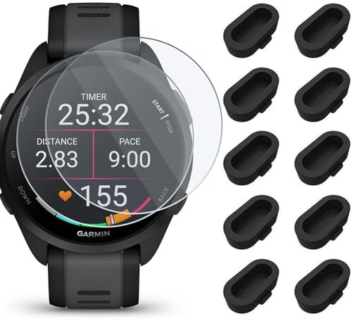 Miimall Paquete de 2 + 10 protectores de pantalla compatibles con Garmin Forerunner 165 + tapón antipolvo de silicona, película de vidrio templado HD + tapa protectora de puerto de carga para