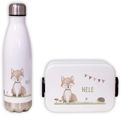 hello mini Mepal Lunch Set | Personalisiert | Mepal Brotdose Kinder & Trinkflasche 500ml | Personalisierte Brotdose & Trinkflasche Edelstahl | Geschenk zur Einschulung (Fuchs, Box grün)