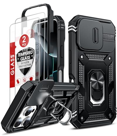 LeYi for iPhone 16 Pro Case with Camera Cover Slider, Full Body Armour Shockproof Phone Cover | 2 Pack Tempered Glass Screen Protector | Ring Stand Holder for iPhone 16 Pro Black
