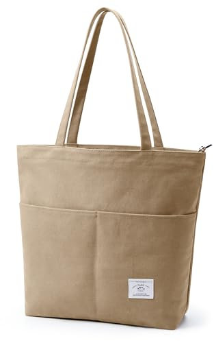 KALIDI Canvas Tasche Damen Handtasche mit Vorderen Taschen Umhängetasche Shopper Tasche Damen Groß Schultertasche für Schule Arbeit Einkauf Alltag Reisen