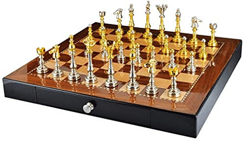 MRKU Tragbares handgefertigtes Schachspiel, Schachbrett aus Holz mit 2 Schubladen und Schachfiguren in Gold und Silber, Schachspiel aus Metall für Schachspiele für Erwachsene