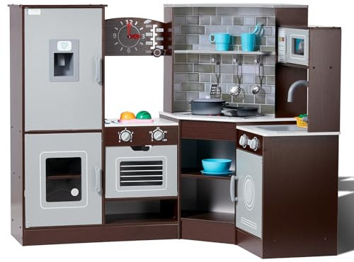 VEVOR Juego de Cocina de Madera de Esquina con Luces y Sonidos, Cocina con Máquina de Hielo, Horno, Fregadero, Reloj, Microondas, Refrigerador y Accesorios para Niños Pequeños y Preescolares, Marrón