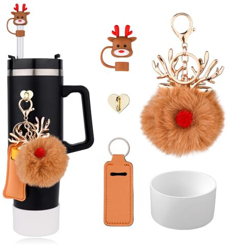Gosknor 5pcs Christmas Cup Accessories for Stanley, Xmas Brown Deer Cup Decorations with Straw Cover Cup Boot Lipstick Holder Heart Hook Pompom for Stanley Cup 30oz 40oz Tumbler