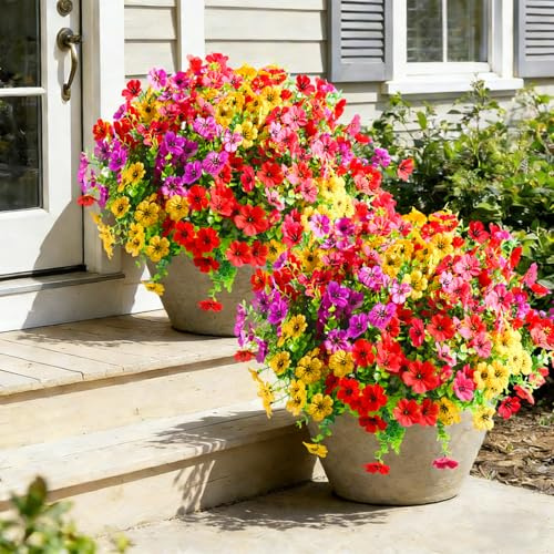 Künstliche Blumen für den Außenbereich, UV-beständig, künstliche Pflanzen für drinnen und draußen, Kunstpflanzen für Übertopf, Haustür, Garten, Veranda, Hof, Heimdekoration (Rosa, Rot, Lila, Gelb), 40