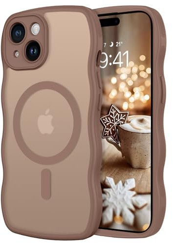 GUAGUA für iPhone 15 Hülle [Kompatibel mit MagSafe] Matt Magnetisch Handyhülle Stoßfest Wellenform Durchscheinende Rückseite Dünn Schutzhülle Case für iPhone 15 (6,1'') Braun
