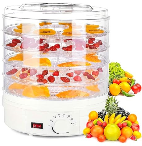 Electric Food Dehydrator, 350W Tray Food Dehydrator, with 5 Removable Trays, 35-70° Temperature Adjustable, Transparent Visual Fruit Tray, for Drying Fruit, Meat, Vegetable, Jerky and Pet Treat white