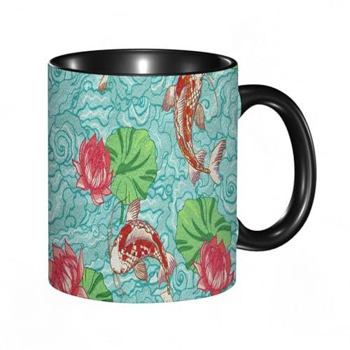 reyawdf Taza Original Personalizada, Koi Fish Lotus Leaves Lake Water Natural,Japonés Ukiyo-e Dr,330ml, Cerámica, Regalo Creativo para Café, Té, Regalo de Cumpleaños y Navidad - Apta para Lavavajillas