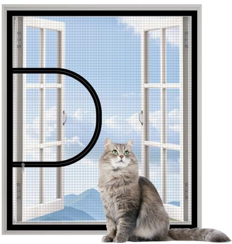 Yuly Custom Size Cat Window Net Mesh,Cats Kitty Anti-escape Safety Window Screen with Zipper,Self-Adhesive Fly Anti-Mosquito Insect Netting for Balcony Kitchen