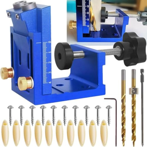 Pocket Hole Jig Kit, 15 Degree Drilling Locator Metal Pocket Screw Jig, Aluminum Alloy Pocket Dowel Hole Jig, Wood Joint Angle Tool Woodwork Guides Joint Angle Tool