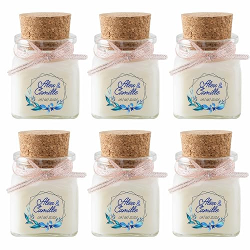 Cadeaux Invités Mariage - Lot de 6 Bougies Personnalisées Parfumées, Décoration de Table - Pot en Verre 120ml avec Bouchon en Liège, Design d'Étiquette Personnalisable, Parfum au Choix