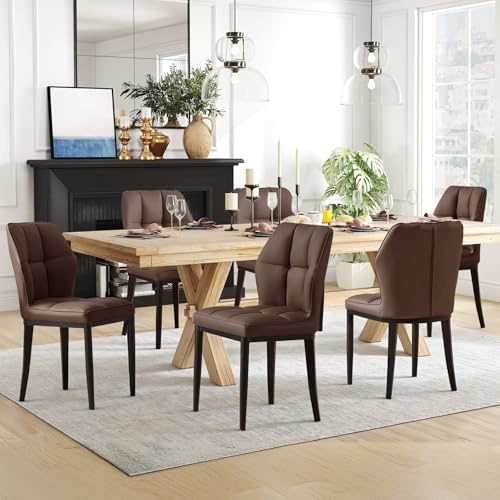 Bekrvio Esszimmerstühle 6er Set, Bis 150 kg Belastbar, Gepolsterte Küchenstühle aus Kunstleder, Hohe Rückenlehne mit Rautensteppung, Moderne Esszimmerstühle für Esszimmer & Wohnküche Braun