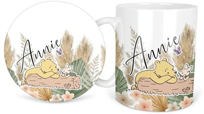 Yellow Teddy Pooh Classic Vintage Bear Wildflower Name Personalised Personalized Ceramic Coffee Mug 11oz Durham Tea Mug Gift Set Round Square Coaster Cup Handle Dishwasher Safe Custom Printed Design