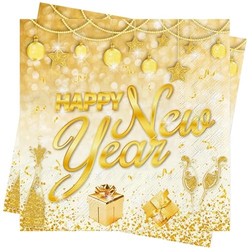 Neujahr Servietten Silvester Deko 2026-40Stück Gold Silvester Papierservietten for Party Tischdeko Happy New Year Serviettes Napkins 33x33cm