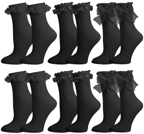 Zuimei 6 Pairs Womens Black White Frilly Socks Lace Ruffle Socks Size 4-7 | Cotton Frilly Ankle Socks Cute Princess School Socks for Women Girls