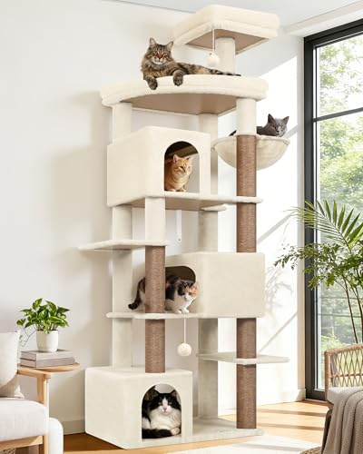 Globlazer S80 Tiragraffi Beige XXL Stabile 204 cm per 3/4/5 Grandi Gatti | Albero Stabile con 3 Grandi Grotte, Piattaforma, Trespoli Tiragraffi Sisal, Stabile Antiribaltamento, per Maine Coon, Ragdoll