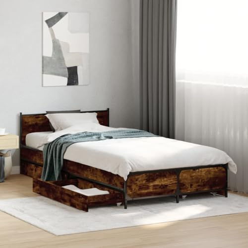 Teenpull Smoked Oak Small Single Bed Frame with Drawers, 75x190 cm, Durable Engineered Wood Construction, Metal Legs, Plywood Slats for Mattress Support, Under-bed Storage