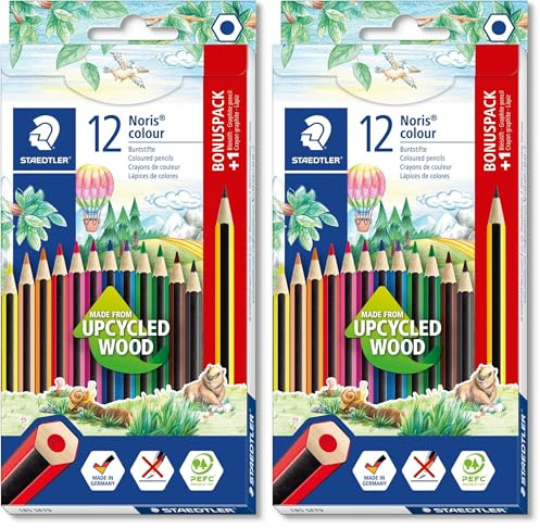 STAEDTLER Buntstifte Noris colour, rutschfeste Soft-Oberfläche, hohe Bruchfestigkeit, Made from Upcycled Wood, intensive Farben, Sechskantformat, 12 Farbstifte + 1 Buntstift im Kartonetui, 185 SET9