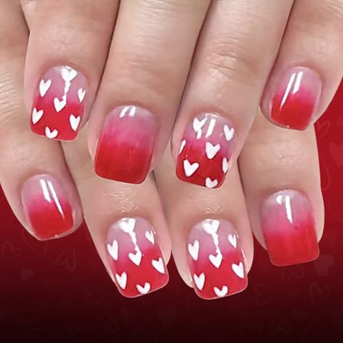 Stick on Nails for Women, 24pcs Glossy Red Gradient Short Square False Nails Full Cover Press on Nails - 12 Assorted Sizes Fake Nails with White Heart Design, Easy Apply Short Nails Set for Daily Use