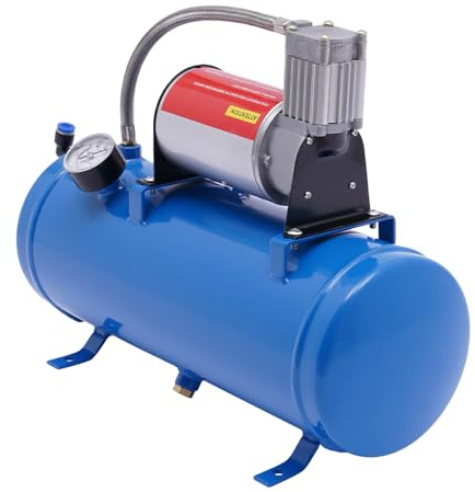 12V Air Compressor, DC 12V Portable Pump Inflator, with Universal 6 Liter Tank Train Air Horn Kit, Working Pressure 100PSI, 3.8m Hose Length, for Automobile Tires, Automobile Engines, Bicycles