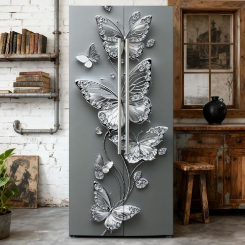 GOMAKERER 2 unidades de fundas extraíbles para frigorífico con estrás, patrón de mariposas, pegatinas de vinilo autoadhesivas para puertas de frigorífico, congelador, cubierta de panel para decoración