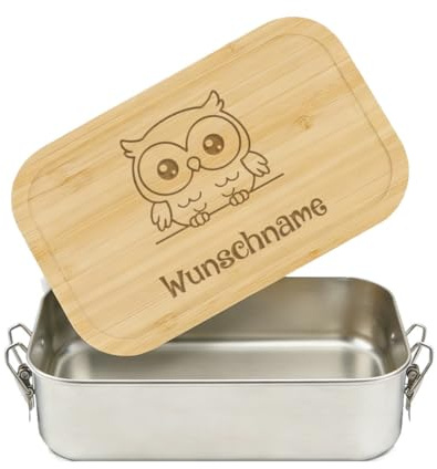 LIEBTASTISCH® Personalisierte Brotdose mit Wunschname - Eule auf Ast Gravur - Edelstahl Bambusdeckel Kinder Geschenk - Kindergarten Schule Vesperdose - Jausenbox - Lunchbox