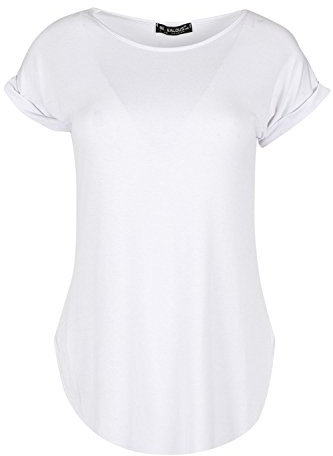Be Jealous Womens Curved Hem Plain Turn Up Cap Sleeve Tops White Plus Size (UK 16/18)