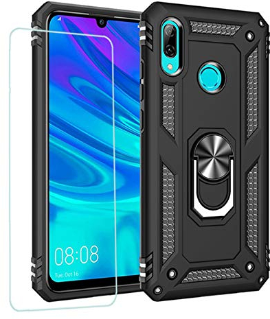 Joytag Cover per Huawei P Smart 2019 Custodia + Vetro temperato Silicone TPU 360 Grado Anello Girevole Magnetico Supporto Cassa del Telefono dell'auto Case-Nero